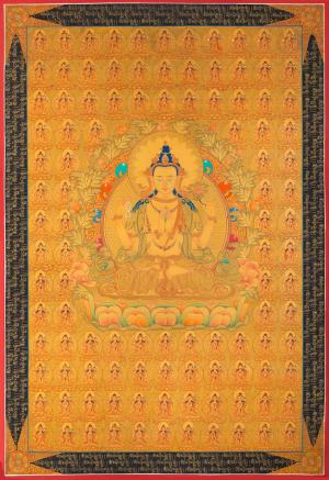 108 Chenrezig Avalokiteshvara 24k Pure Gold Original Handmade Tibetan Thangka